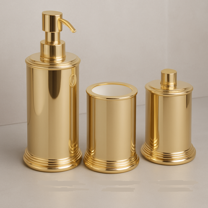 Стакан, подставка для ватного диска и диспенсер для жидкого мыла золотой комплект