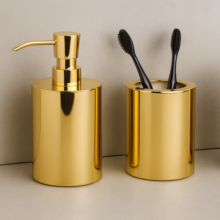 Стакан и диспенсер для жидкого мыла круглый золотой комплект