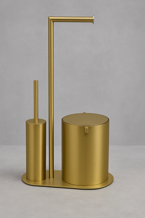 Отдельностоящий ёршик с подставкой для туалетной бумаги и урна матовое золото