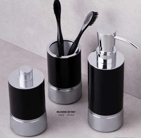 Стакан, подставка для ватного диска и диспенсер для жидкого мыла черный-хром комплект